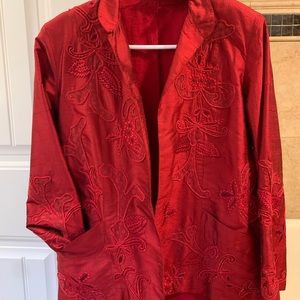Chico’s 100% red silk jacket with cotton lining.